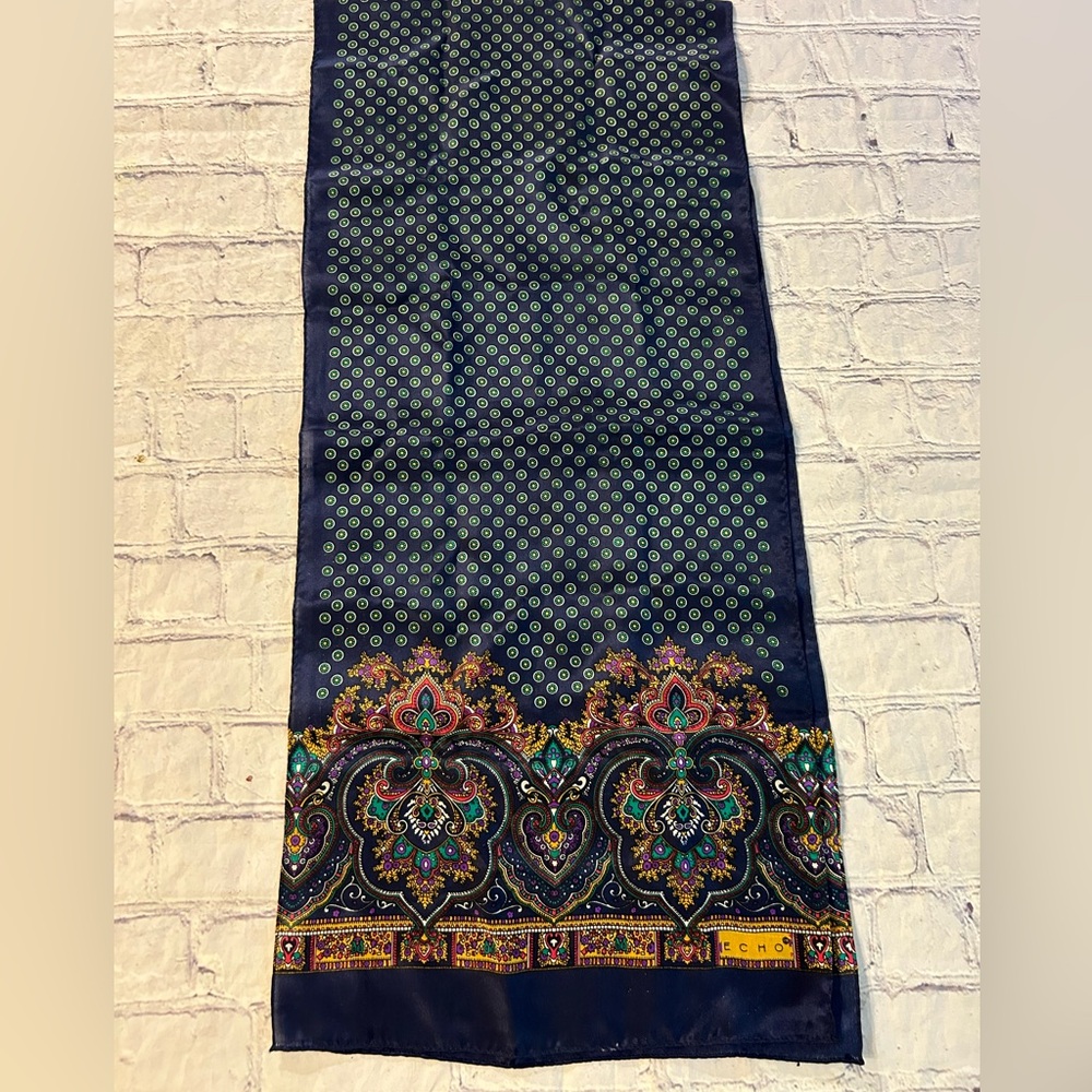 ECHO NAVY PAISLEY MULTI COLORED DOTS SILK OBLONG WOMENS SCARF O/S - Picture 7 of 7